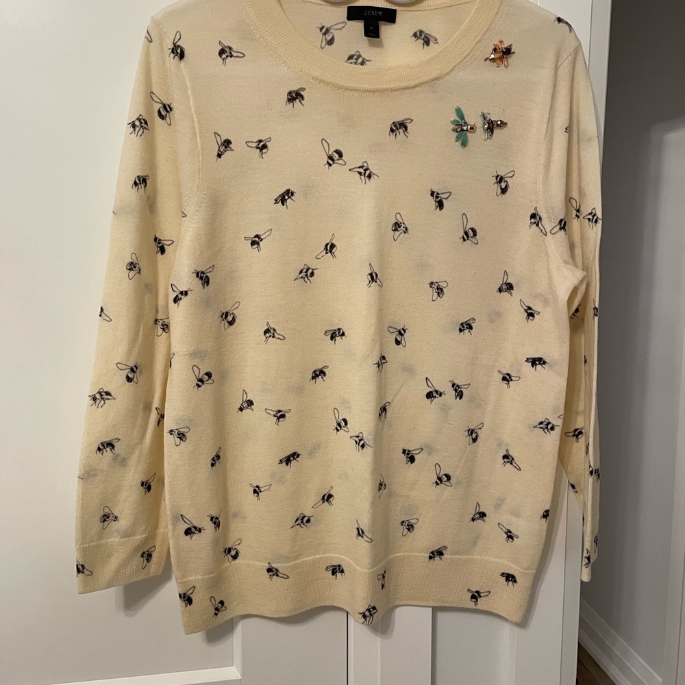 J.Crew Cream Sweater with Bee Print and Bee Broaches